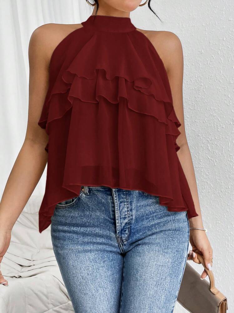 Firerie Loose Neck Ruffle Asymmetrical Chiffon Blouse - Burgundy - View 6