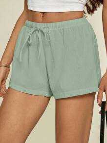 SHEIN Tall 100%纯棉，棉麻质感夏季低腰女式短裤 - 綠色 - 查看 6