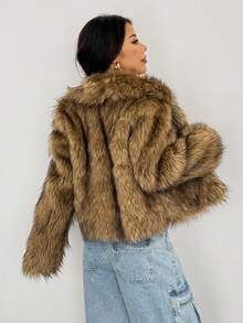 SHEIN PETITE Short Solid Color Fluffy Patchwork Fluffy Coat Y2k Fur Jacket In Fall/Winter ,Petite Women - Camel - View 2
