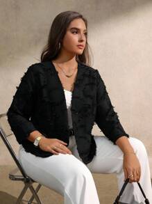 EMERY ROSE Plus Size Women Solid Color Laser Cut Texture Open Front Long Sleeve Fitted Formal Elegant Office Blazer - Black - View 6