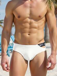 Manfinity VDAYZ Bóxer de baño para hombre con patrón de letra y calado triangular, ideal para vacaciones y playa - Blanco y Negro - Ver 5