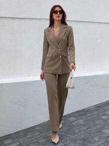 EURMUSE 女式纯色翻领长袖双排扣夹克和裤子套装 - 摩卡棕 - 查看 3