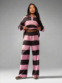 MISSGUIDED 超大号橄榄球两件套阔腿裤休闲运动复古条纹翻领舒适家居服秋冬校园时尚 - 彩色 - 查看 5