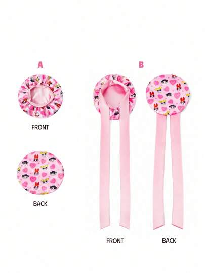 THE POWERPUFF GIRLS X SHEIN 2-Layer Upgraded Hair Care Cap, Wide Elastic Satin Sleeping Cap, Soft & Comfortable For Daily Home Wear, Pink Heart & "Blossom & Bubbles & Buttercup" Pattern,Y2K