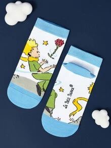 LE PETIT PRINCE X SHEIN 4 双柔软透气吸湿排汗休闲女士短袜时尚可爱卡通图案短袜加固脚趾和脚跟，适合所有季节，百搭，月亮和星星