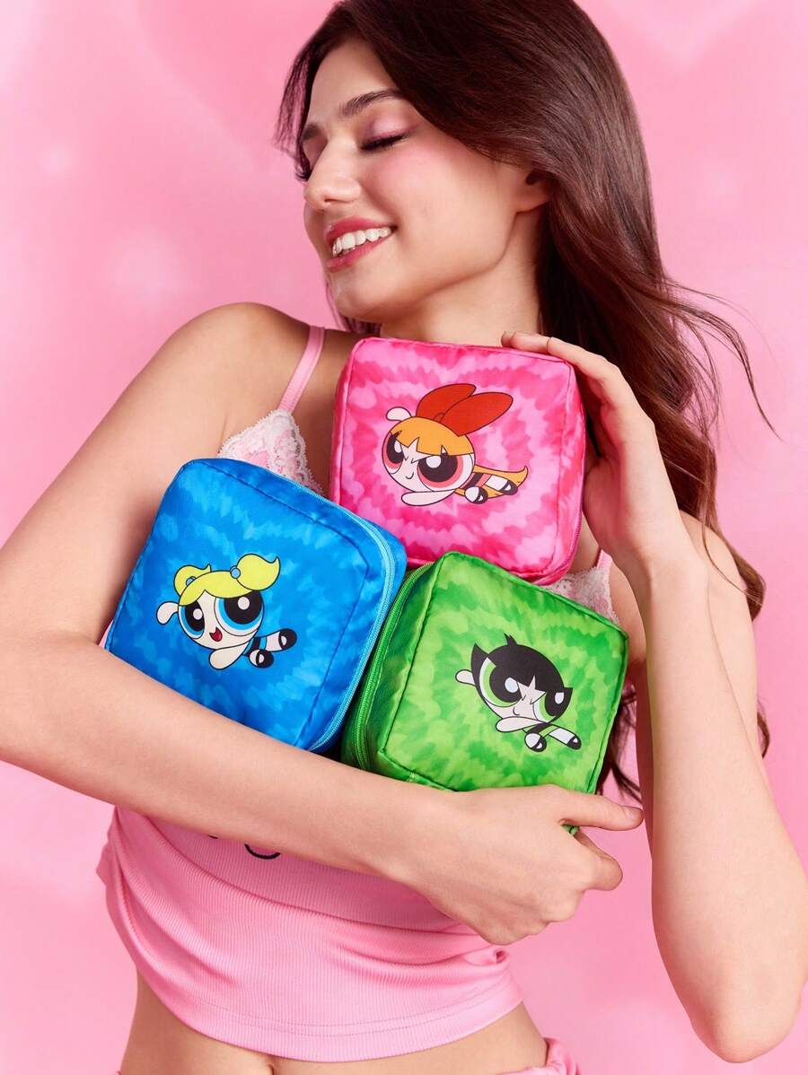 THE POWERPUFF GIRLS X SHEIN 1 件涤纶图案储物袋，可用作卫生巾架、电子产品收纳袋、小物品袋、泡泡、花朵、毛茛、友谊、爱情 - 彩色 - 查看 1
