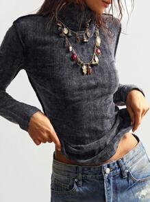 Bohemela 女士纯色针织长袖高领插肩休闲T恤高领上衣长袖上衣女式立领上衣 - 黑色 - 查看 3