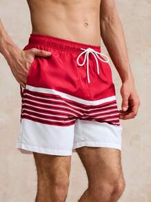 Surfspeed Men's Striped Print Drawstring Waist Beach Shorts - Red - View 3
