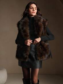 Anewsta 人造毛皮背心配皮带毛绒缺口翻领舒适冬季外套秋季、冬季、外出、优雅、别致、正式、圣诞节、婚礼、优雅派对 - 棕色 - 查看 8