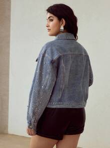 PREMIUM 大码水钻装饰时尚牛仔夹克 - 藍色 - 查看 3