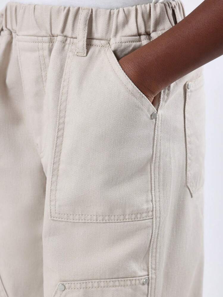 SUMWON 套穿式木匠宽腿裤，可调节腰部，加固膝盖，实用工作服，多个工具口袋，耐用棉质帆布 - 卡其色 - 查看 7