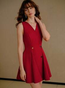 MOTF PREMIUM 斜领双排扣喇叭下摆连衣裙 - 紅色 - 查看 4