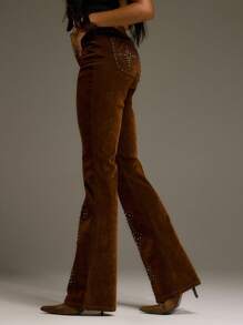 MUSERA 铆钉丝绒喇叭牛仔裤，西部乡村街头风，节日优雅，Y2K性感可爱，90年代波西米亚风，中西部工作办公室冬季时尚春夏装扮 - 棕色 - 查看 3