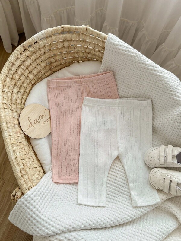 2 pièces Pantalon bébé casual et confortable, de couleur unie, avec rayures verticales polyvalentes en tricot