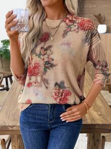 EMERY ROSE Nova blusa estampada, suéter estiloso de malha fina com manga 3/4 para mães de meia-idade e idosas - Multicolorido - Ver 7