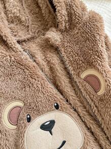 新生男婴可爱熊图案刺绣 3D 耳朵连帽长袖前拉链柔软毛绒衬里连体衣适合秋冬季