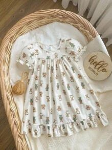 Bé Gái Dễ Thương ASlouchylouchy Họa Tiết Gấu Dệt Kim Váy Ngủ Có Đường Viền Cổ Bong Bóng Và Viền Ruffle Viền - Màu Khaki - Xem 4