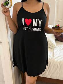 Napfluff CURVE Napfluff CURVE Plus Size Solid Color Knit Camisole Nightgown With Heart & Letter Print, Fitted Women Nightdress Short Nightgown Cute Nightgown Sleep Dress - Black - View 4