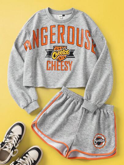 Cheetos X SHEIN 2pcs Women Letter Graphic Round Neck Long Sleeve Top And Elastic Waist Shorts Set