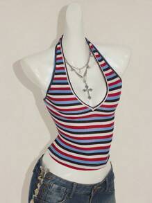 SHEIN ICON Sexy Deep V-Neck Rainbow Striped Tight Camisole - Multicolor - View 8