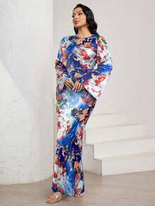 Veilorie 女士优雅扎染绿色印花喇叭袖连衣裙，系腰带和美人鱼下摆，长款缎面连衣裙 - 藍色 - 查看 4