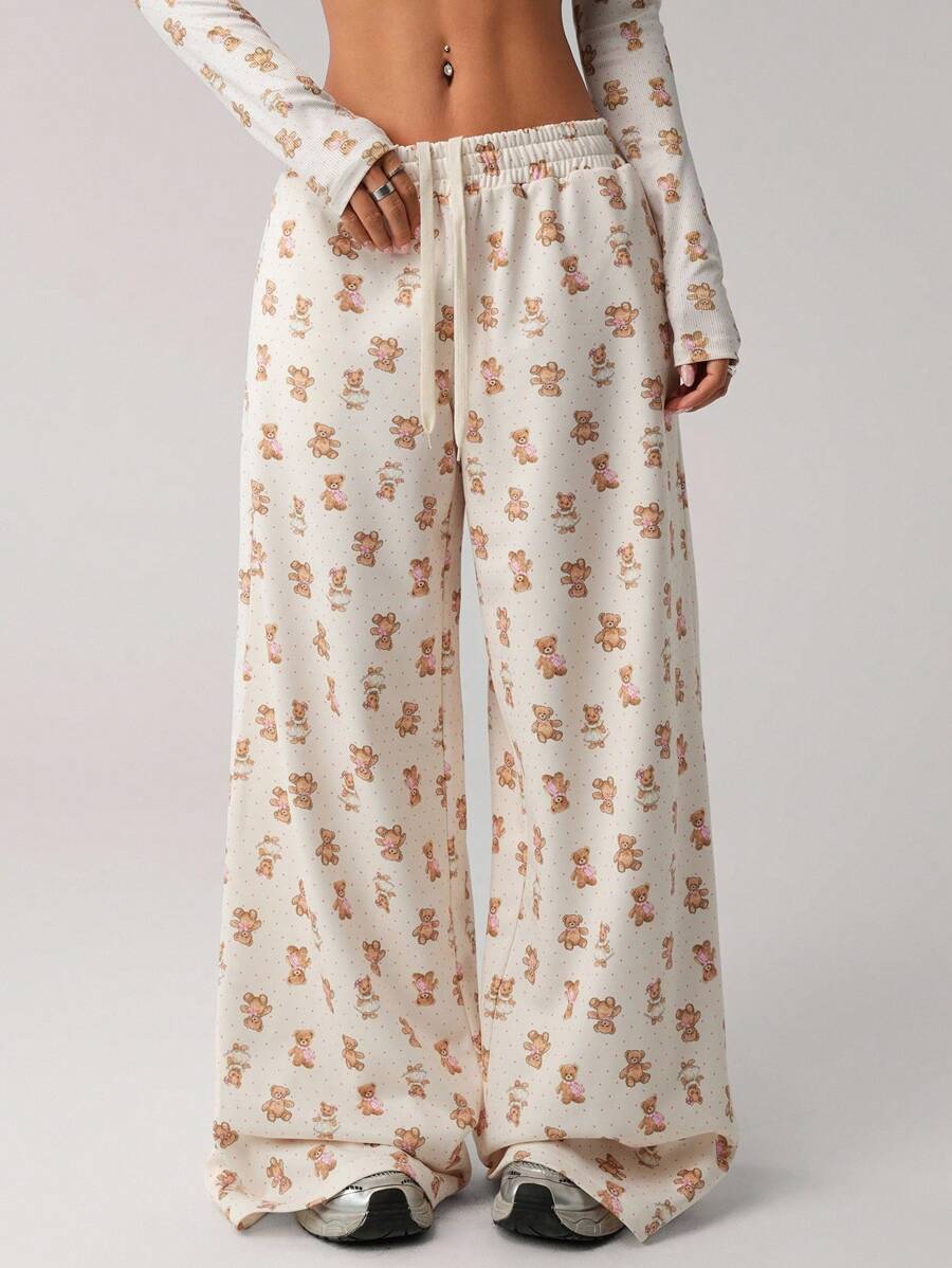 SHEIN ICON 女式宽松休闲熊印花运动裤 - 白色 - 查看 1