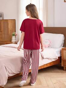 SHEIN 心形印花短袖条纹短裤女童睡衣套装 - 酒紅色 - 查看 2