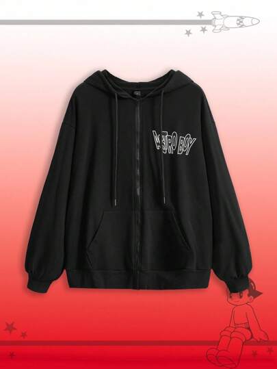 Astro Boy X ROMWE Women Loose Cute Cartoon Anime Print Sweatshirt, Black Autumn