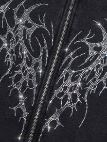 ROMWE MEN Men's Casual Gothic Everyday Rhinestone Zipper Front Drawstring Hoodie Sweatshirt , Fall - Black - View 4