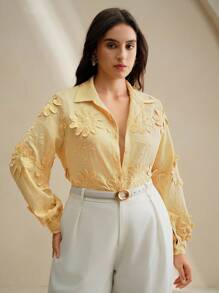 Anewsta Autumn/Winter Fashion Loose Embroidered Floral Plus Size Women Long Sleeve Shirt - Yellow - View 3