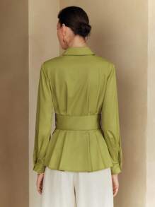 Arave 女士梭织棉质莫代尔纯色绿色衬衫领长袖半开腰系带优雅休闲办公室衬衫，春秋 - 綠色 - 查看 4