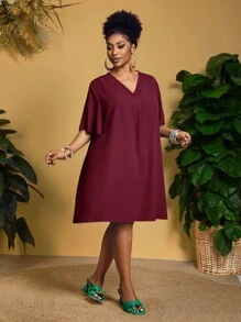 Slaydiva 2025 New Arrival/Easter/Western Style/Elegant Casual Commute/Business Casual Women's Short Sleeve Shirt Dress, Elegant Personalized Design V-Neck Chiffon Blouse Loose Short Sleeve Ruffle Sleeve Dress Plus Size Casual Dress Plus Size Burgundy Dress Plus Size Vacation Dress Plus Size Dress Burgundy Dress - Burgundy - View 4
