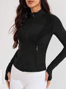 Easithlete 纯色前拉链修身透气运动夹克 - 黑色 - 查看 6