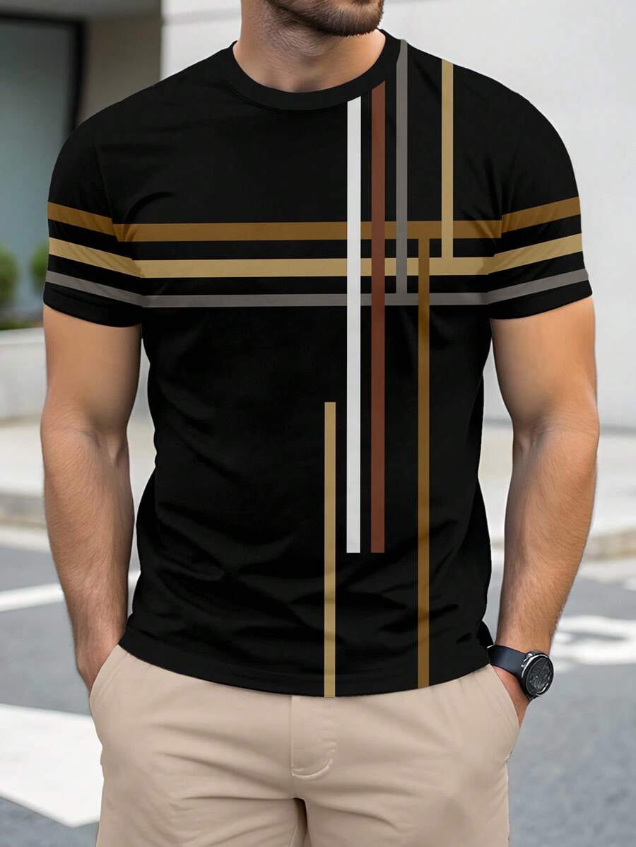 Manfinity Homme 简约多色块拼接撞色时尚休闲全身印花男式标准版型短袖T恤 - 黑色 - 查看 1