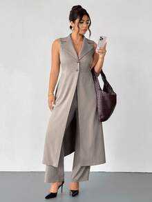 Firerie Plus Size Women Long Sleeveless Blazer Suit In Spring - Khaki - View 6