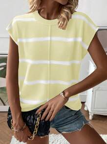 EMERY ROSE 女士休闲宽松圆领插肩无袖针织背心，时尚条纹拼布套头毛衣背心，秋冬 - 杏色 - 查看 6