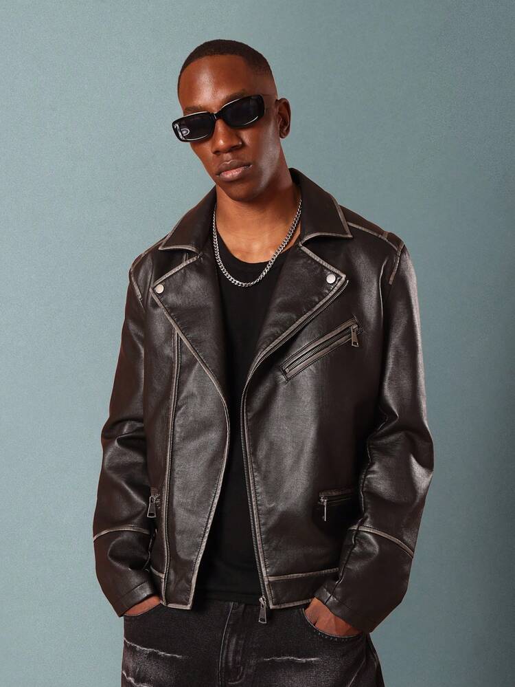 SUMWON Premium Motorcycle Style Biker Jacket Distressed Vintage Look Racing Moto Coat Zippered Multi Pocket Design All Season Fashion Statement Outerwear