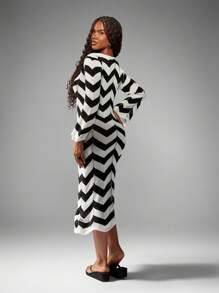 AiiRZ Long Sleeve Zig Zag Pattern Knit Sweater Dress Winter Fall V Neck Tie Front Bodycon Midi Length Holiday Party Evening Occasion - Black and White - View 2