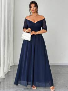 Elenzga 大码女式优雅浪漫派对连衣裙，蕾丝拼布露肩短袖腰部收腰雪纺飘逸长裙 - 藏蓝色 - 查看 5