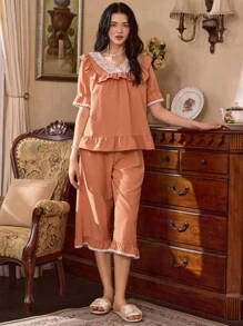 French Elegant Lace Patchwork Romantic Women Pajama Set - Orange - View 6