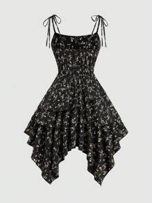 Sweetra 可爱碎花细肩带设计太阳裙，优雅度假连衣裙，腰部收紧，不对称下摆分层裙 - 彩色 - 查看 2