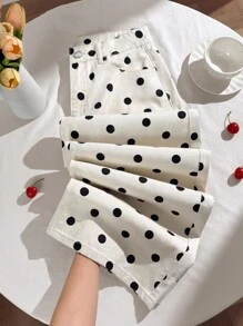 Comfortcana Women's Polka Dot Casual Versatile Wide Leg Button Pocket Jeans - Black and White - View 7