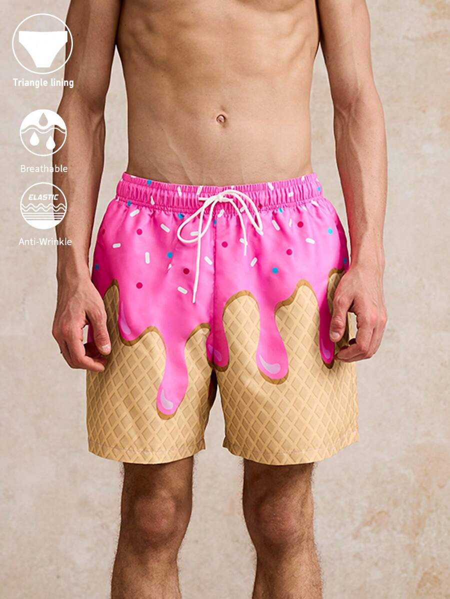 Surfspeed Men's Beach Vacation Drawstring Print Beach Shorts - Hot Pink - View 1