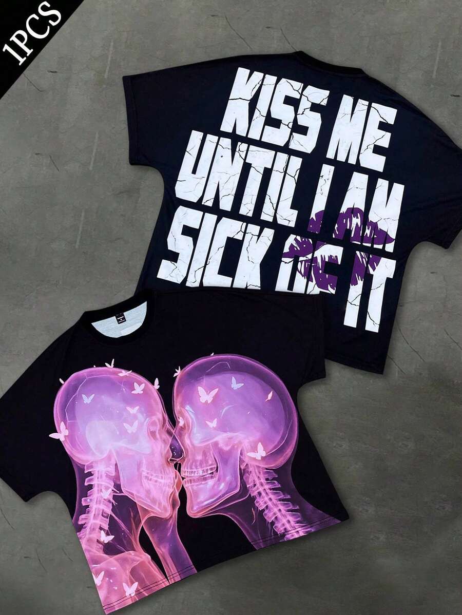 PAVTROS Manfinity Streetrush Men's Casual Skeleton Slogan Print T-Shirt For Summer - Black - View 1