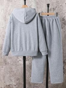 SHEIN Teenager Boys'Casual Streetwear Hoodie And Sweatpants Set,Autumn Back-To-School Graduation 2 Piece Solid Embroidery Tracksuit Jogging Clothes - Light Grey - View 7