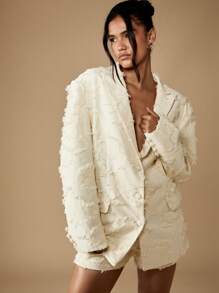 MISSGUIDED Bộ đồ vest quần short blazer phối ren tua rua chi tiết thô viền thô trang phục dự tiệc cưới trang phục nghỉ dưỡng thanh lịch cho dịp lễ hội mùa xuân hè trang phục dự tiệc - Màu be - Xem 1