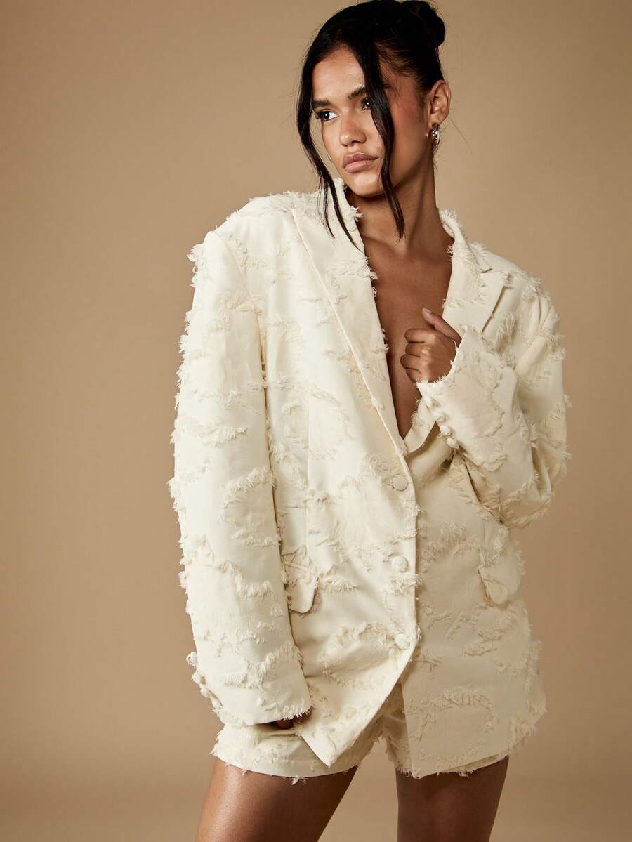 MISSGUIDED Bộ đồ vest quần short blazer phối ren tua rua chi tiết thô viền thô trang phục dự tiệc cưới trang phục nghỉ dưỡng thanh lịch cho dịp lễ hội mùa xuân hè trang phục dự tiệc - Màu be - Xem 1