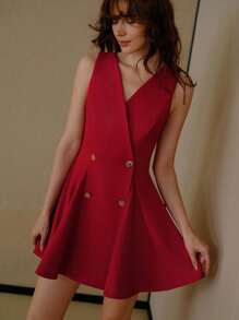 MOTF PREMIUM 斜领双排扣喇叭下摆连衣裙 - 紅色 - 查看 6