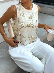 SHEIN Essnce Siren Gaze 女士亮片刺绣圆领无袖宽松背心，性感亮片露背吊带衫，新款串珠上衣，圆领上衣，女士沙滩装，奶油黄上衣，海岛度假装，优雅女士露背亮片上衣，演唱会装，狂欢节装，伊比沙岛装，串珠上衣，女士西部性感可爱无袖上衣 - 杏色 - 查看 4