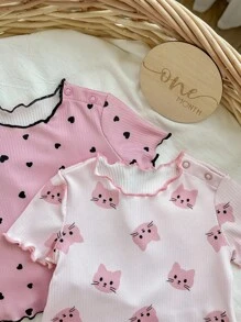 Dozemod Kids 4pcs Newborn Baby Girl Cute Cartoon Cat & Heart Pattern Ruffle Hem Top & Pants Casual Comfortable Home Pajamas Set Print - Baby Pink - View 4